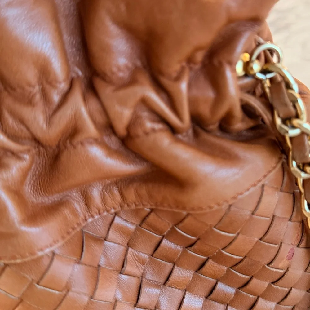 Henri Bendel Tan Woven Leather Bucket Bag with Brown Tassels and Chain Strap - Picture 9 of 11
